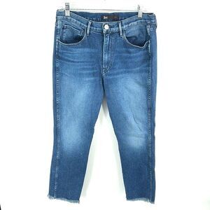 3x1 NYC shredded crop high rise waist straight leg denim jeans EUC 30 fringe